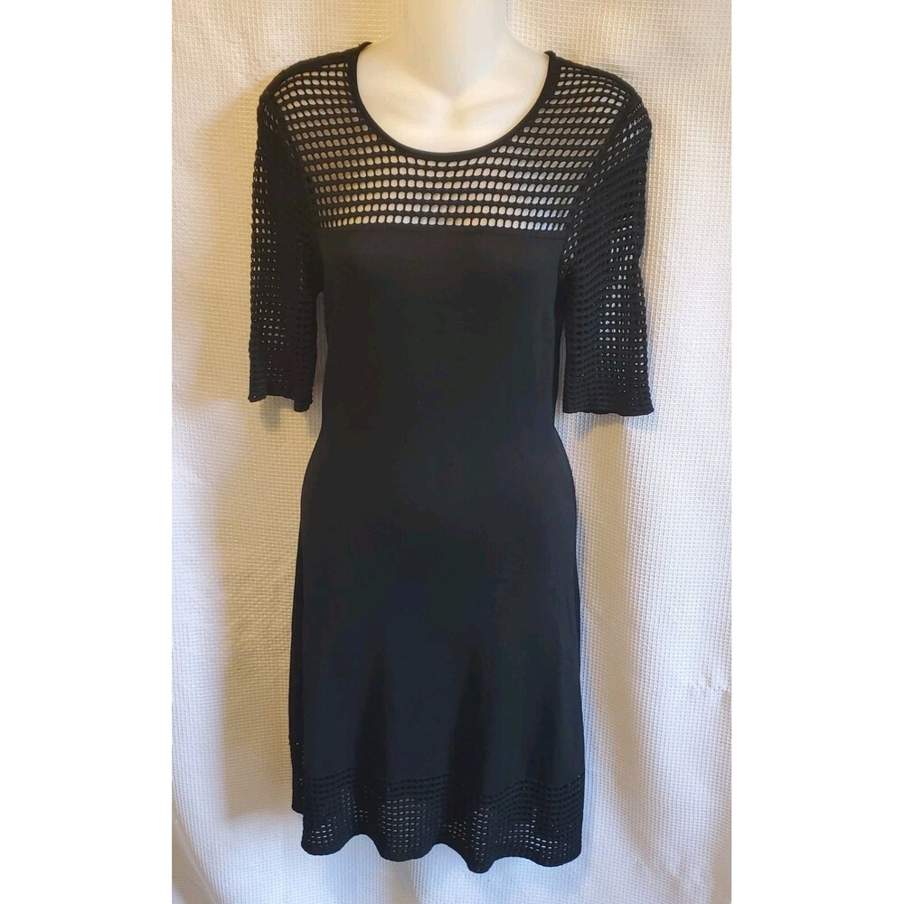 Nanette Lepore Womens Sz S Black Knit Grid Mesh Dress knee length 1/2 sleeve - Picture 4 of 13
